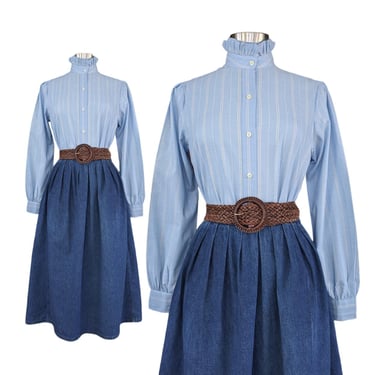 Vintage Blue Prairie Blouse, Medium, Pinstriped Button Blouse, Ruffled High Neck Long Sleeve Shirt 