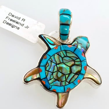 David R Freeland Jr Artisan Multi Stone Inlay Turtle Pendant Sterling Silver 