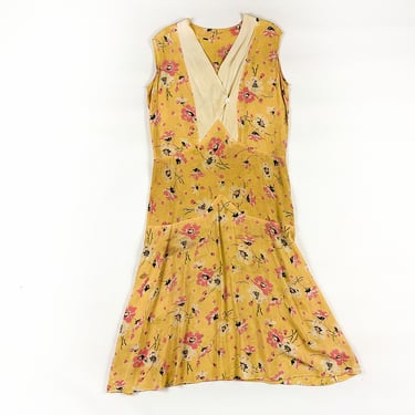 1920s Pink and Yellow Silk Floral Day Dress / Flapper Dress / Allover Print / Lawn Dress / Sheer / Antique Textiles / Small / S / Gatsby 