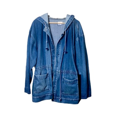 Hooded Denim Jacket, Vintage 90s Distressed Jean Jacket, Long Oversized Loose Baggy Fit Faded Worn Denim Jacket XL 