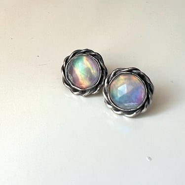 Aurora Opal Braided Sterling Silver Bezel Studs Handmade 