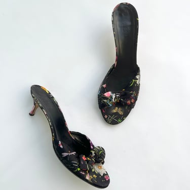 Gucci Black Floral Satin Heeled Sandals - 9.5