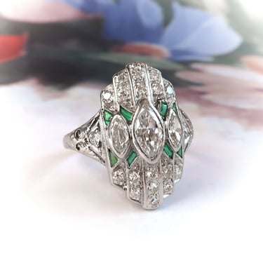 Art Deco .88ct.tw. Diamond and Emerald Navette Ring Platinum 