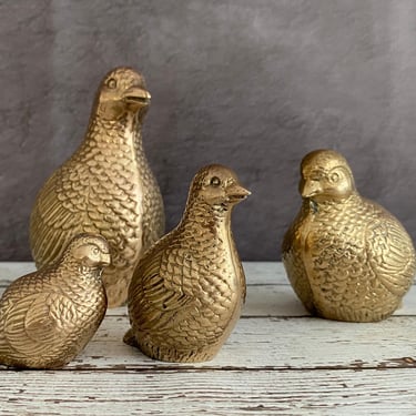 Vintage Brass Bird Collection / Set of 4 Quail Family Figurines /  Brass Paperweights Desk Accessory / Rustic Holiday Mantel Decor 