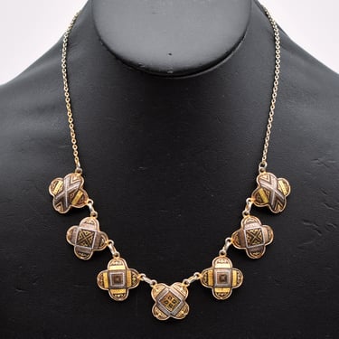 50's Damascene gold & silver inlaid oxidized steel clover bib, rare geometric gold plate necklace 