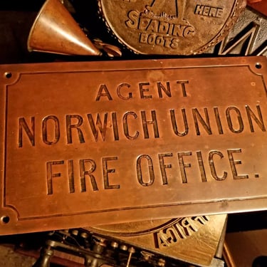 1910's Antique Brass Fire Insurance Advertising Plaque Sign Norwich Union 