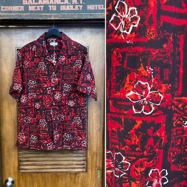 Vintage 1960’s Size L Tropical Tiki Mod Batik Cotton Hawaiian Shirt, 60’s Loop Collar, Vintage Clothing 