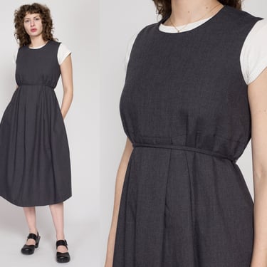 Large 80s Grey Wool Blend Midi Pinafore Dress | Vintage Grunge Minimalist Sleeveless Dress 