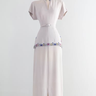 Elegant 1940's Dove Grey Beaded Rayon Evening Gown / SM