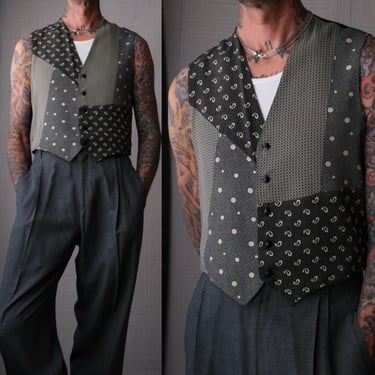 Vintage 80s YASHI YAMAMURI Salt & Pepper Paisley Geometric Pattern on Pattern Rayon Vest | Made in Italy | 1980s 1990s Designer Mens Vest 