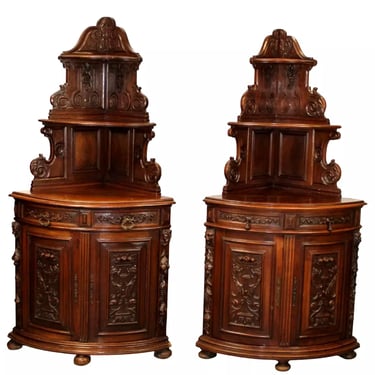 Antique Cabinets, Corner, French Carved Walnut, Companion Pair, 19th C., 1800s!