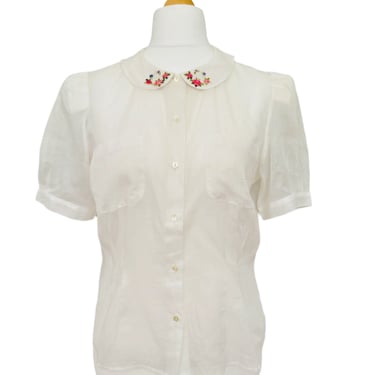 Vintage Cacharel White Cotton Gauze Embroidered Blouse