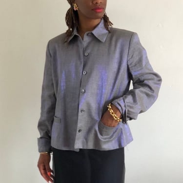 90s Ellen Tracy linen blazer / vintage gray iridescent metallic cropped linen blazer jacket | Large 
