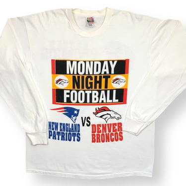 Vintage 90s/00s Monday Night Football Denver Broncos vs New England Patriots Double Sided Funny Long Sleeve Graphic T-Shirt Size XL 