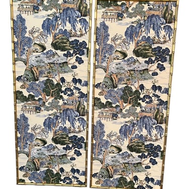 Beautiful custom designed Thibaut chinoiserie wallpaper panels in faux bamboo frames 