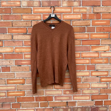 vintage 90s brown ribbed merino wool v neck sweater / XXL extra large 