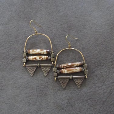 Chandelier earrings carved batik print bone earrings 