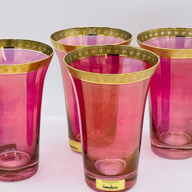 Set of 4 Neiman Marcus Poland Cranberry Colored Gold Rim Water Iced Tea Glasses Barware- Unused with labels 
