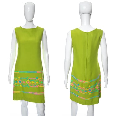1960's Alex Coleman Green Embroidered Detail Shift Dress Size M/L