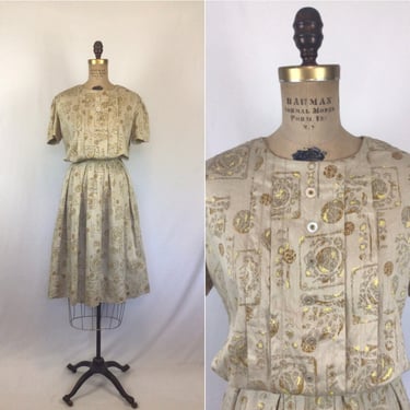Vintage 50s Dress | Vintage beige gold ball print day dress | 1950s shirtwaist dress 
