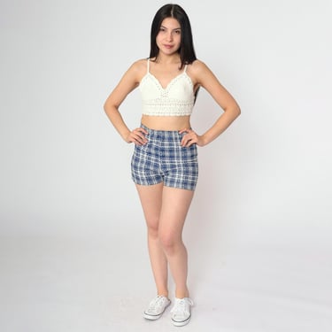 Vintage 70s Blue Plaid Hotpants High Waist Shorts Checkered Print Elastic Waistband Polyester Knit Shorts Retro Summer 1970s Extra Small xs 