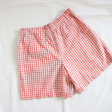 Vintage 90s Gingham Plaid Cotton Shorts M L - 1990s High Elastic Waist Casual Preppy Shorts 
