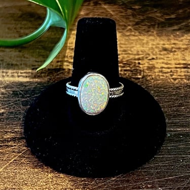 IRIDESCENT OVAL Sterling Silver and Opal Ring | Lab Created Synthetic Opal | Native American Navajo Southwestern Jewelry | Size 5 1/2, 8 