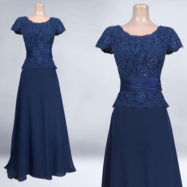 VINTAGE 90s Aspeed Navy Blue Formal Dress XL | Hand Beaded Mother of the Bride Gown | 1990s Prom Dress | VFG 