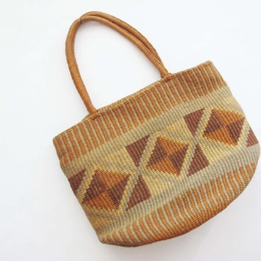 Vintage Woven Sisal Tote Bag Geometric Design - 90s Striped Earth Tone Brown Rust Orange Shoulder Bag - Bohemian Hippie Natural Purse 