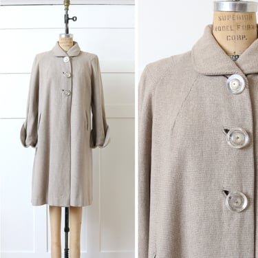 vintage 1950s swing coat • checked pattern oatmeal wool coat with bell sleeves & big lucite buttons 