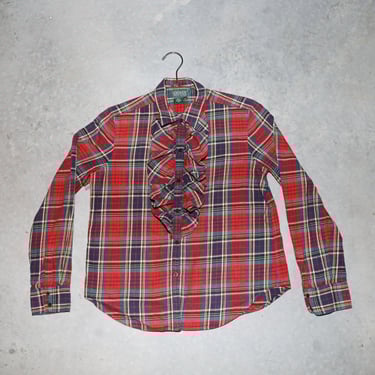 Ralph Lauren Plaid Jabot Button Down Shirt Classic Womens Preppy Style Top Small 