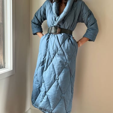 90s Blue Quilted Down Robe | XS-M