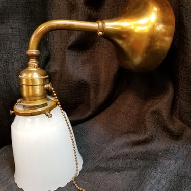 Antique Brass Sconce Clambroth Shade. 4.5W x 10T x 9D