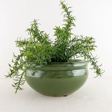Vintage Green Shallow Planter Bowl, Round Ceramic Plant Pot 