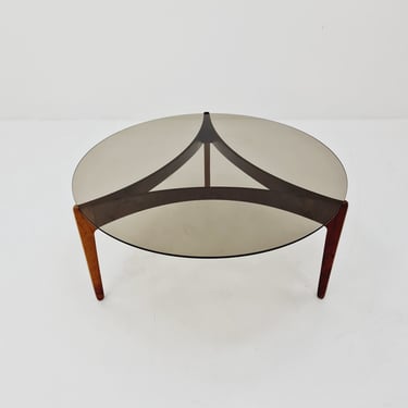 Vintage wood and glass coffee table by Sven Ellekaer for Christian Linneberg 1960s 