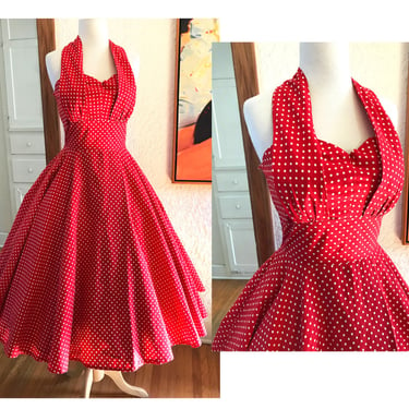 Adorable Vintage 1950's Red polkadots Halter Dress with Full Circle Skirt! size 