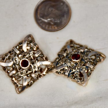 Stunning Marcasite & Sterling Silver With Rhodolite Garnet Center Clip On Earrings Art Deco Marked 925 Gift for Her January Birthstone Gift 