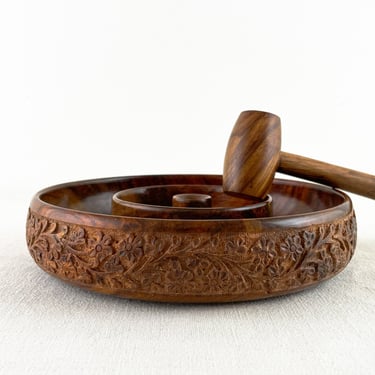 Vintage Carved Wood Nut Bowl with Hammer 