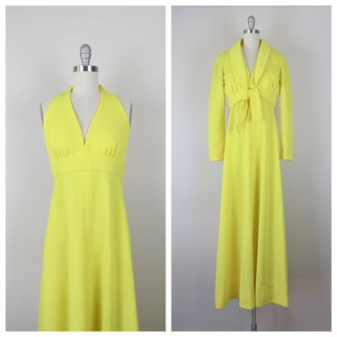 Vintage 1970s halter maxi dress and matching cropped jacket, 2 piece set 