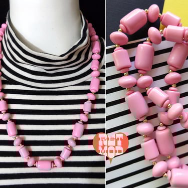 Chunky Vintage 80s 90s Bubblegum Pastel Pink Beaded Necklace with Gold Spacer Beads 