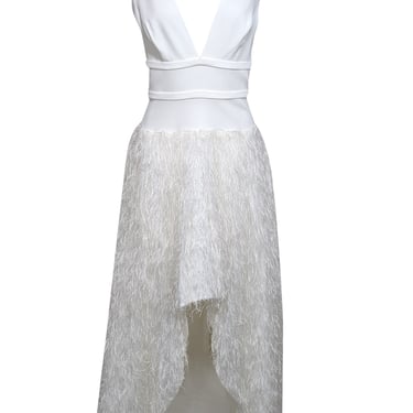 BCBG Max Azria - White Sleeveless w/ Metallic Fringe High Low Formal Dress Sz 8