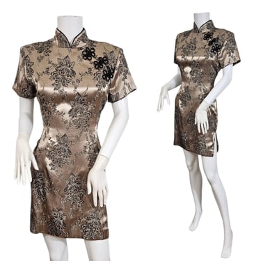 1990s Champange Rayon Black Floral Print Short Cheongsam Dress I Sz Med 