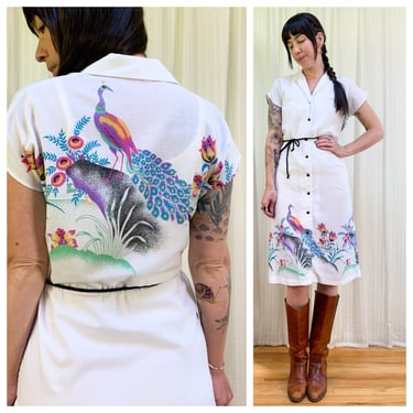 1970s peacock printed sheer cotton dress 