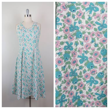 Vintage 1940s cotton feed sack print dress, halter, sundress, novelty print 