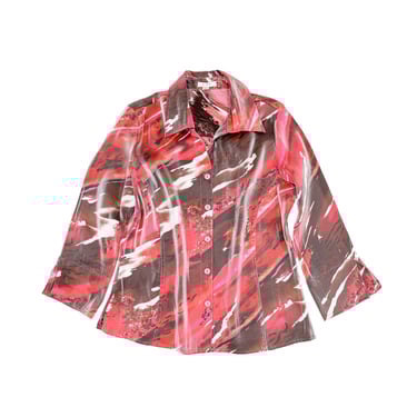 90s Red & Pink Abstract Shimmer Blouse Size Medium Collared Button Down Shirt Long Sleeve Top Summer Lightweight Blouse Work Office Top 
