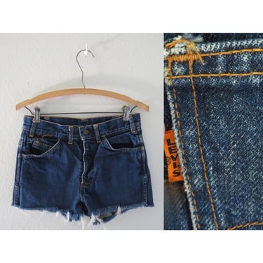 Vintage Levis Denim Shorts Women's Cut Off Frayed Jean Short High Waisted Big E Orange Tab 60s 70s Dark Wash - Size Small 