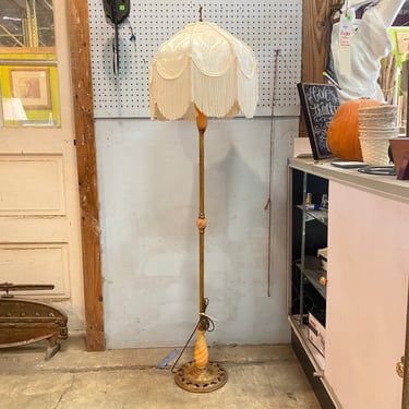 Antique (c. 1925) 2-Light Floor Lamp with Fringed Silk Dome Shade