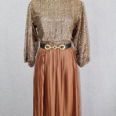 1970s 70s - Bronze Lame Party Dress - by R&K Originals - Brown and Gold - Size 14 - Mid Century Modern - Cocktail Dress 