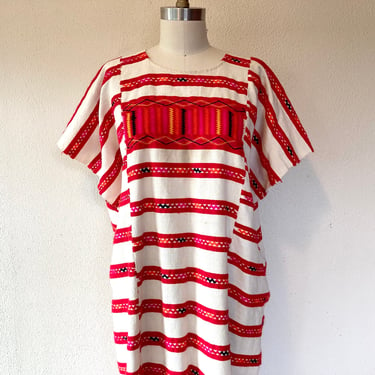 1970s Cotton huipil caftan in white and red 