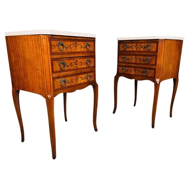 French Napoleon III Marquetry Marble Top Nightstands Or End Tables Circa 1910 